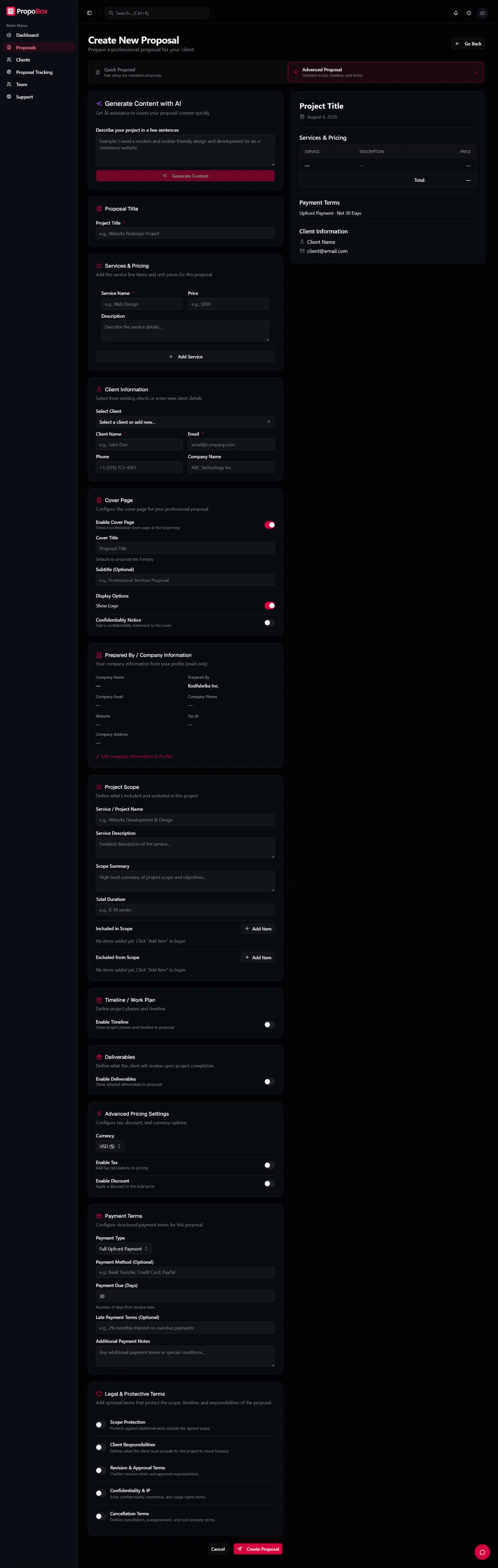 The full Advanced Mode proposal form, showing cover page settings, company information, project scope, timeline, deliverables, advanced pricing, payment terms, and legal clauses.