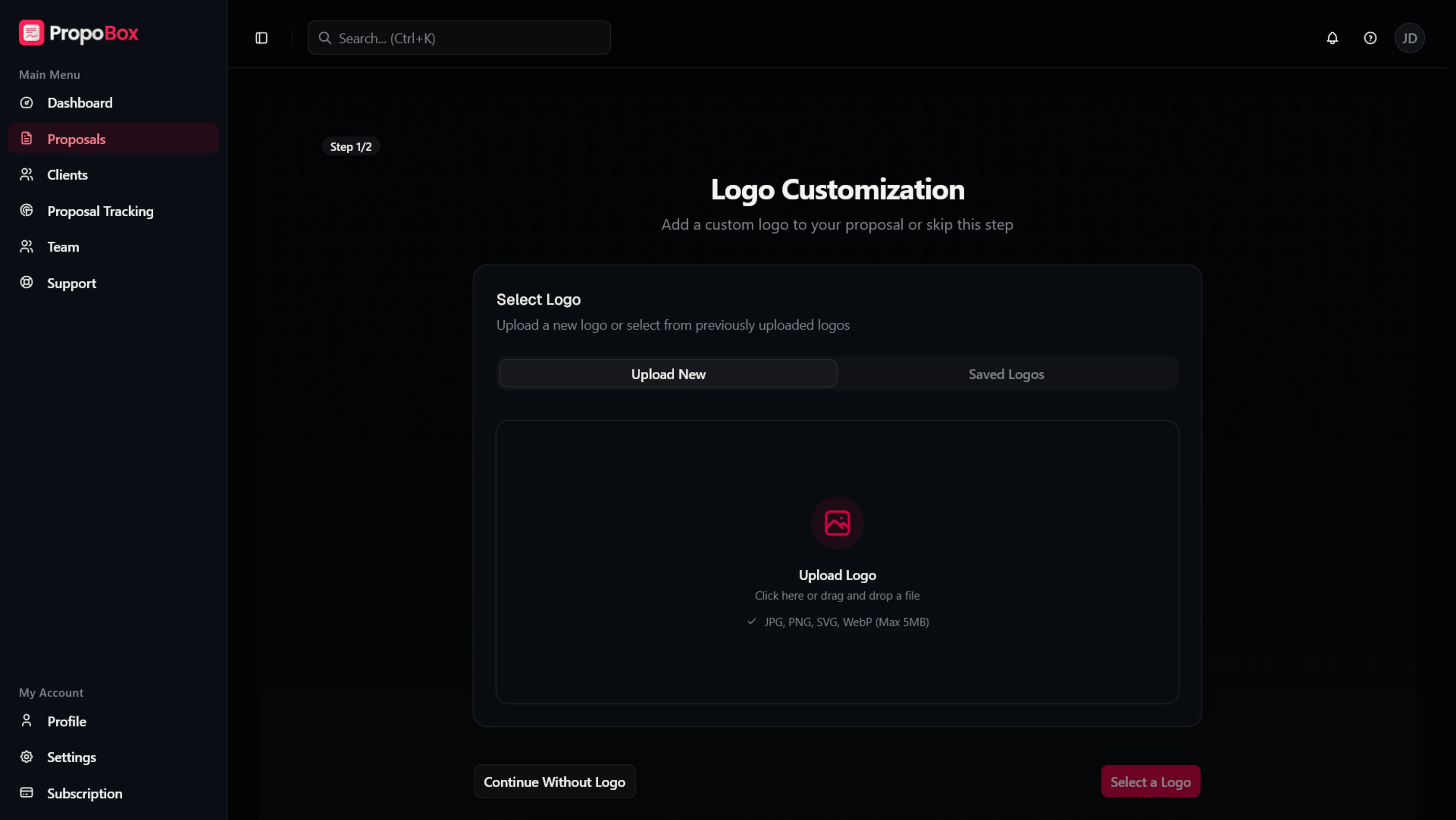 The logo customization step in PropoBox, where a user adds a custom logo to a proposal or skips the step.