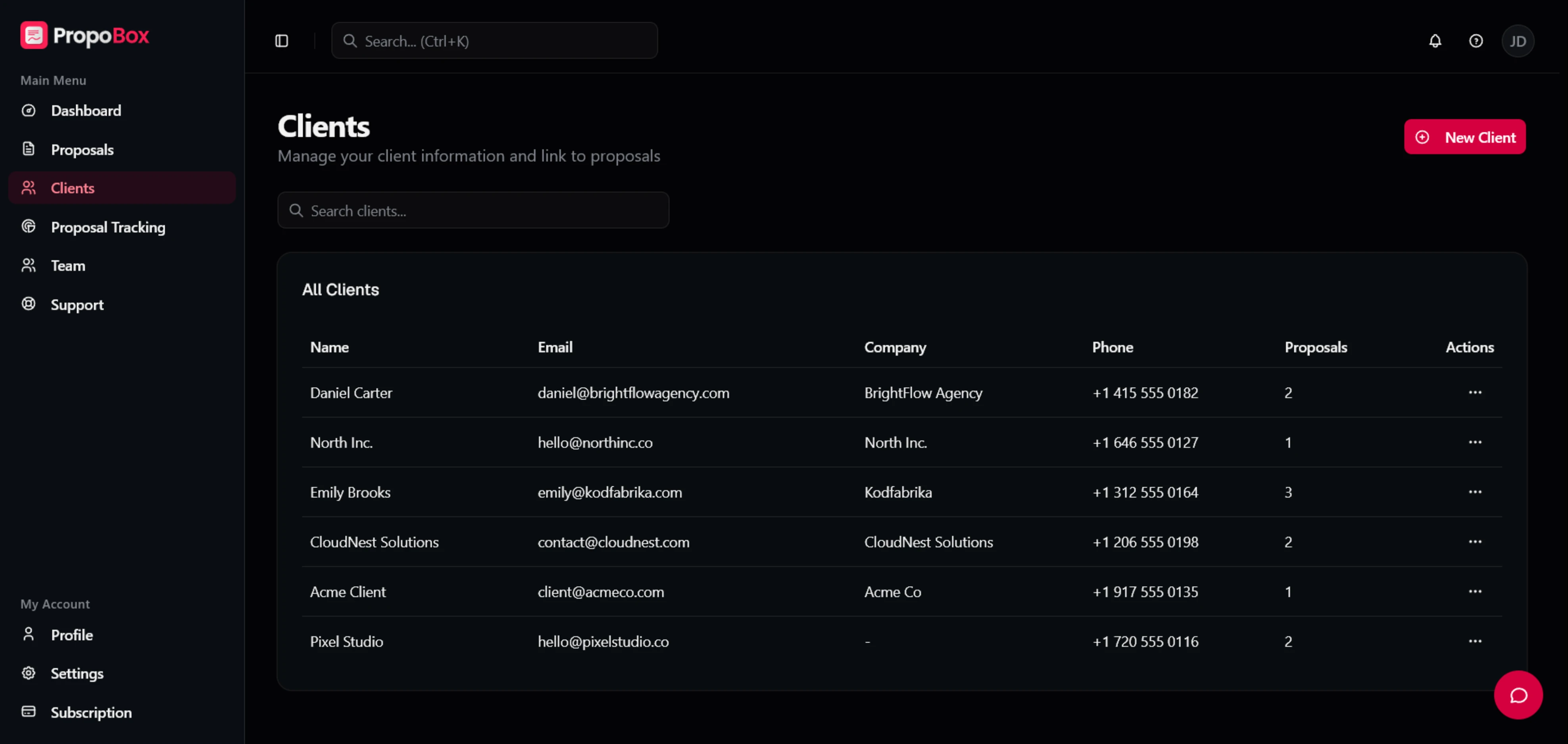 The Clients screen with a table of client records: name, email, company, and phone.