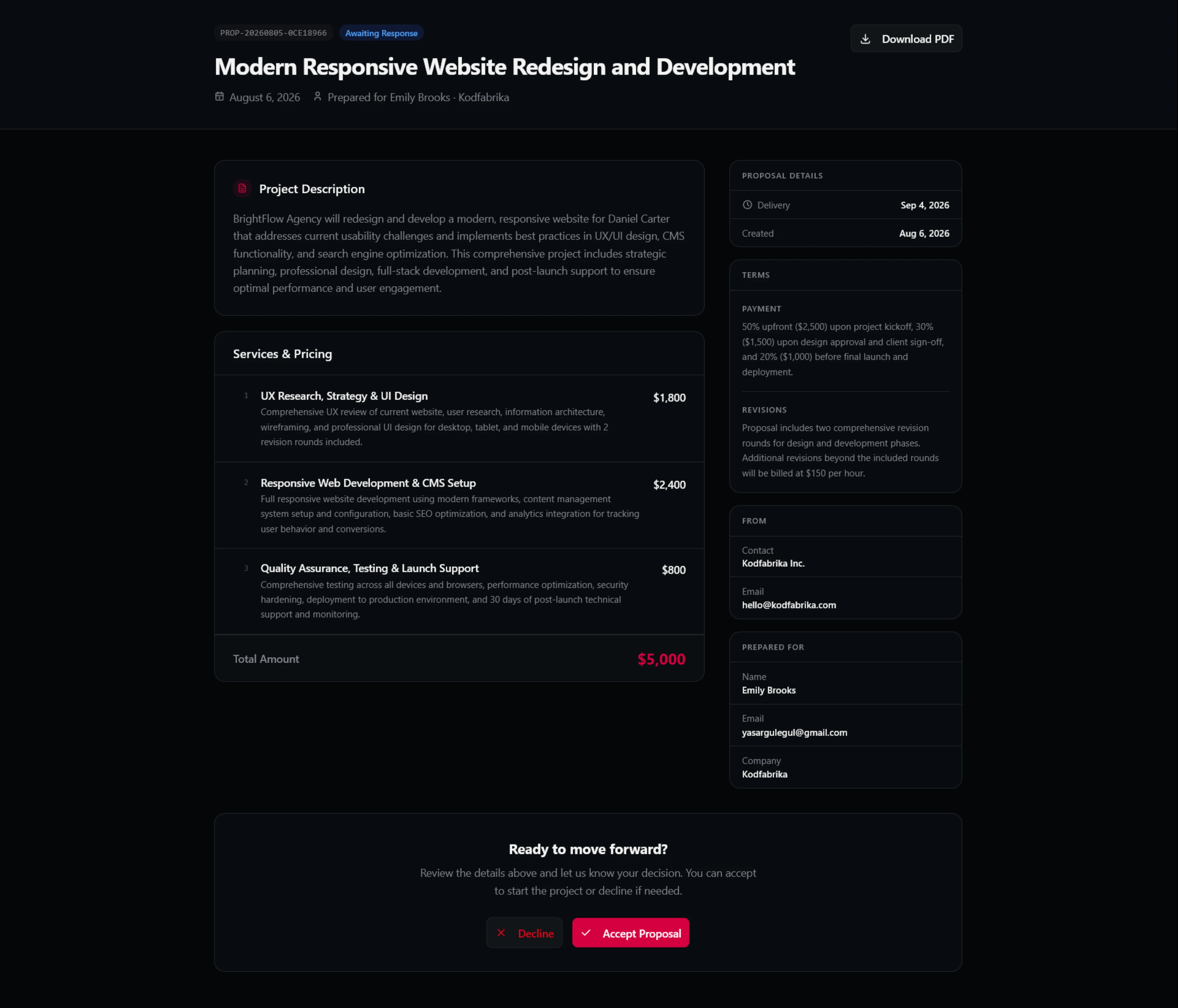 The client-facing proposal view with project description, services and pricing, terms, and a decision area with Accept Proposal and Decline buttons.