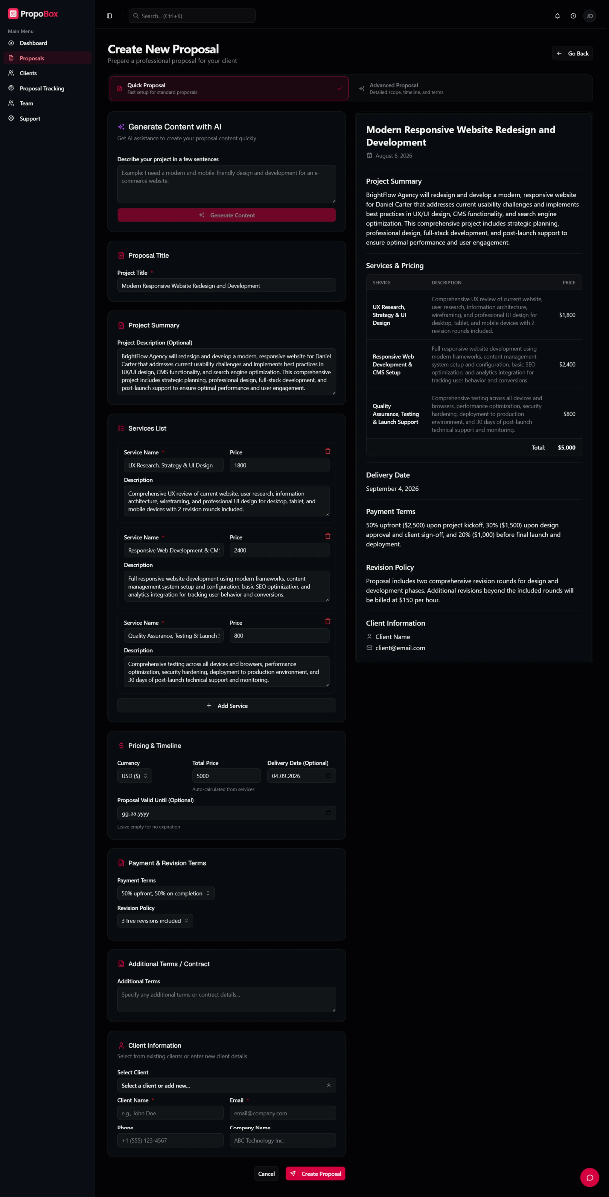 The proposal builder with the input form on the left and a continuously updating client-facing preview on the right.