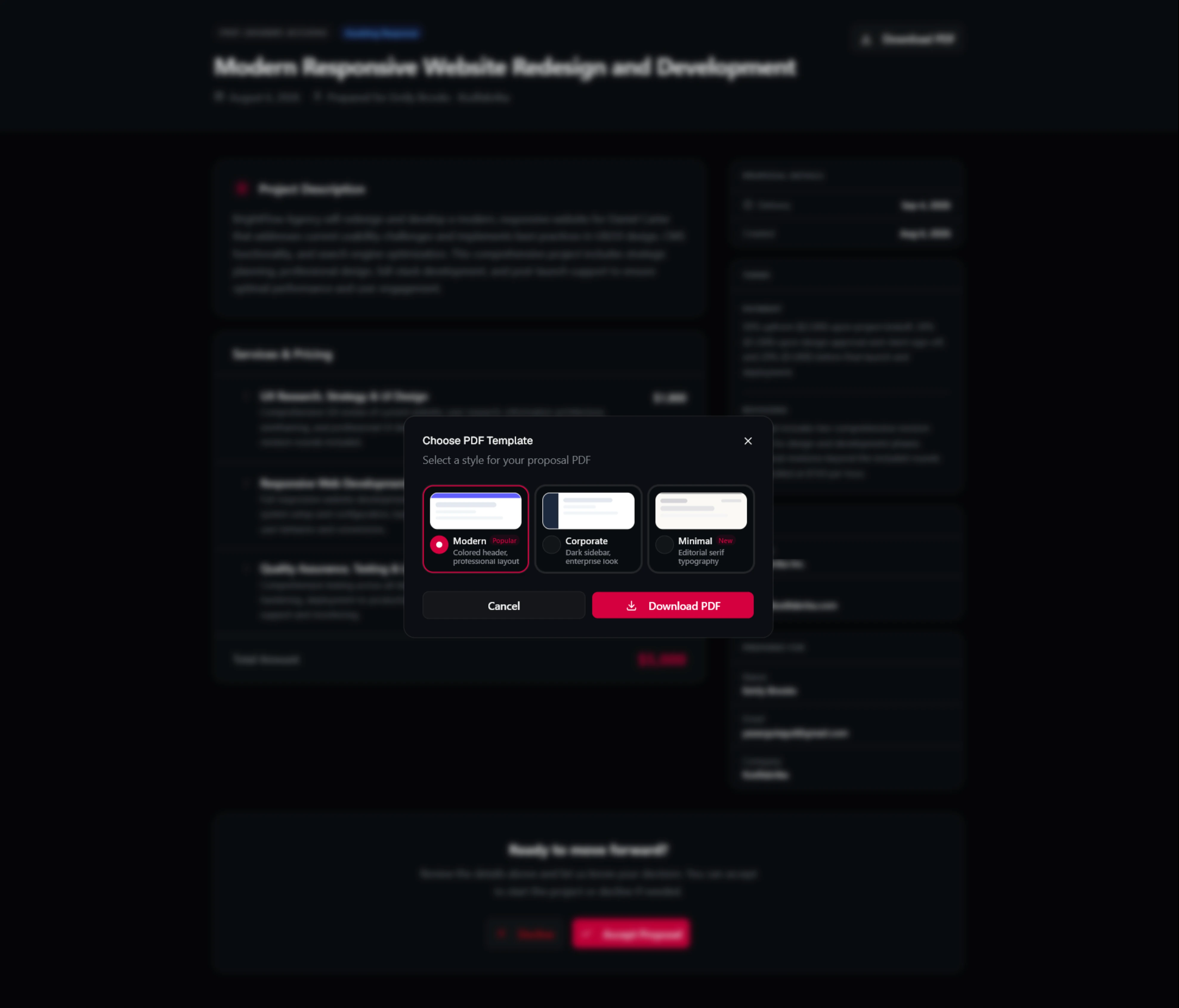 The client-facing proposal with a "Choose PDF template" dialog open over it, offering modern, corporate, and minimal layouts.