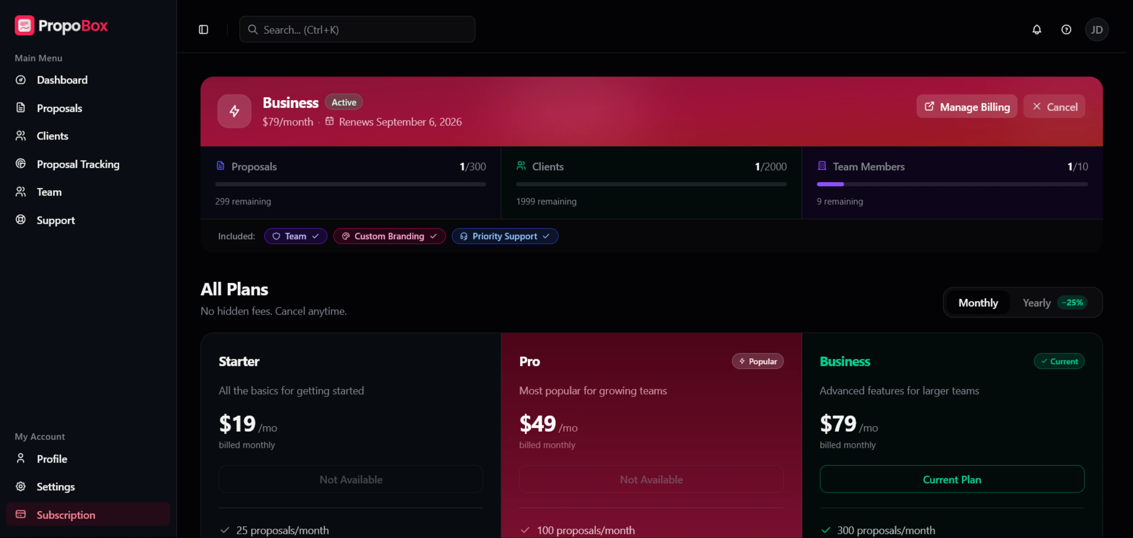 The billing screen showing Starter, Pro, and Business subscription plans with monthly pricing.