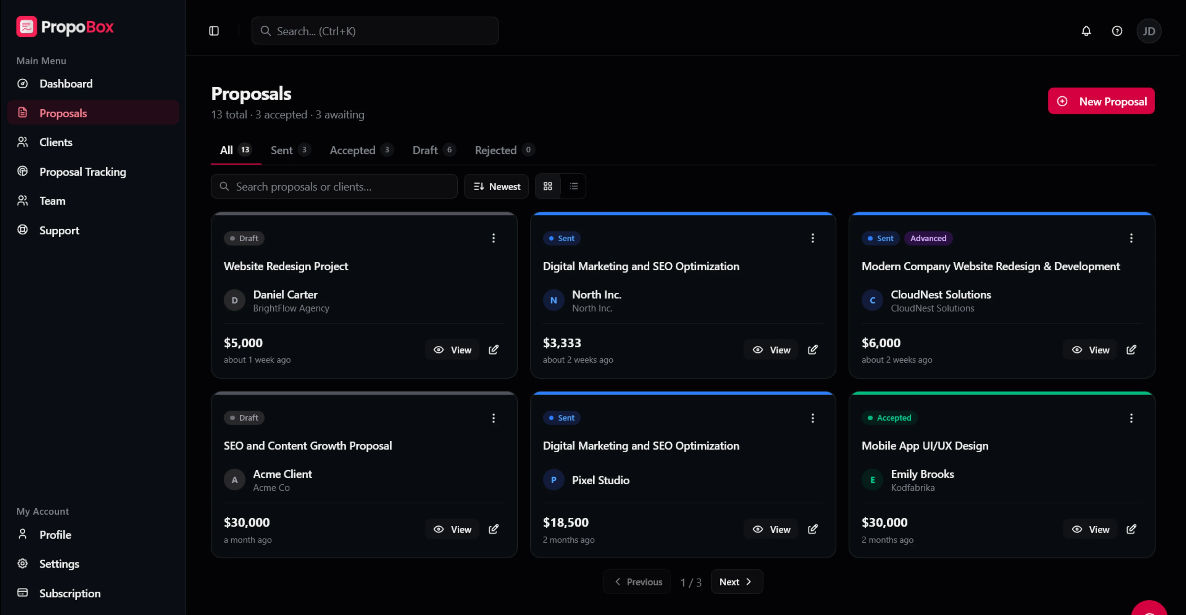 The Proposals list view, with status filters and cards showing client, value, and current state for each proposal.