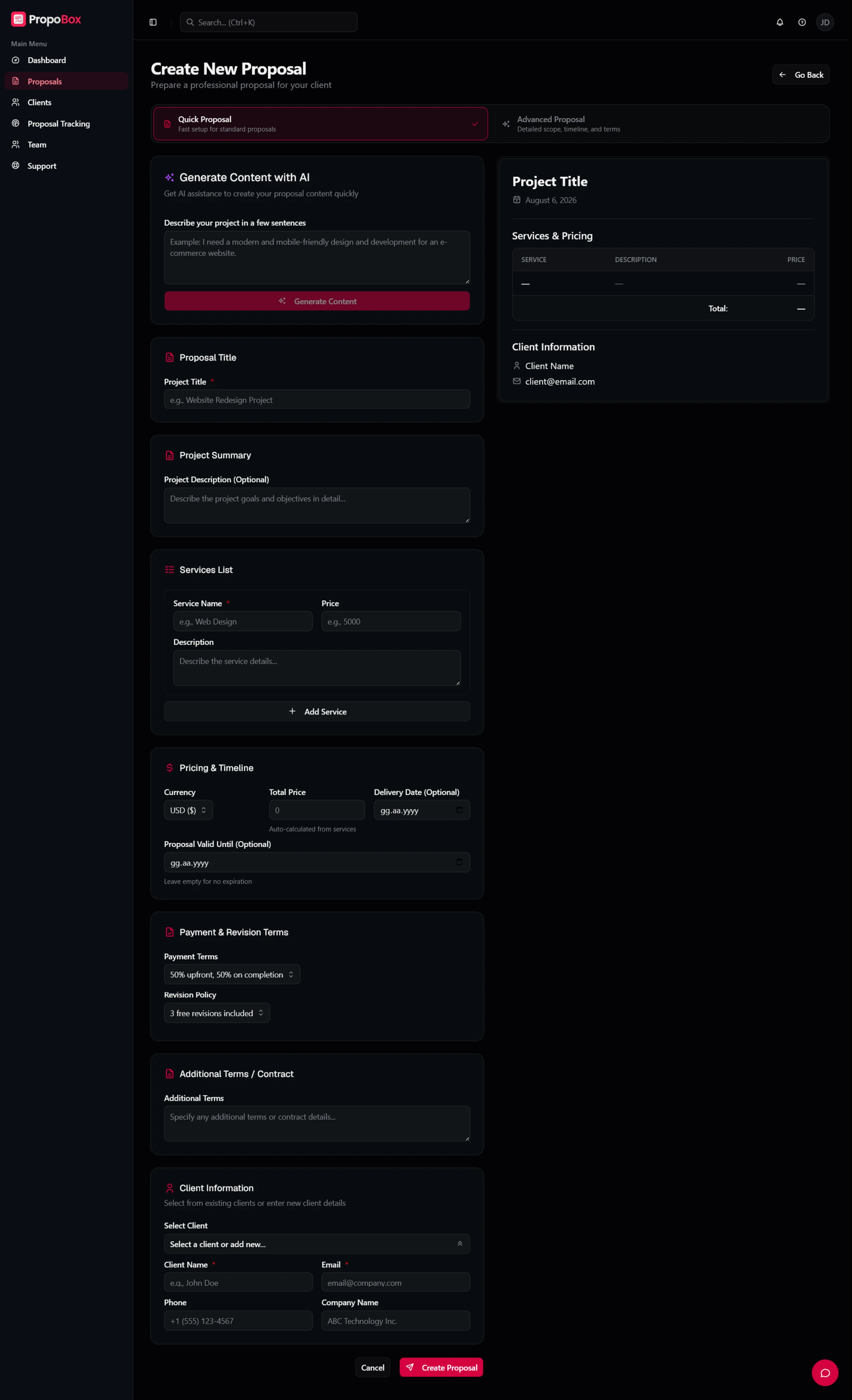 The Create New Proposal screen in Quick Mode, with the AI content generator at the top and a live proposal preview on the right.