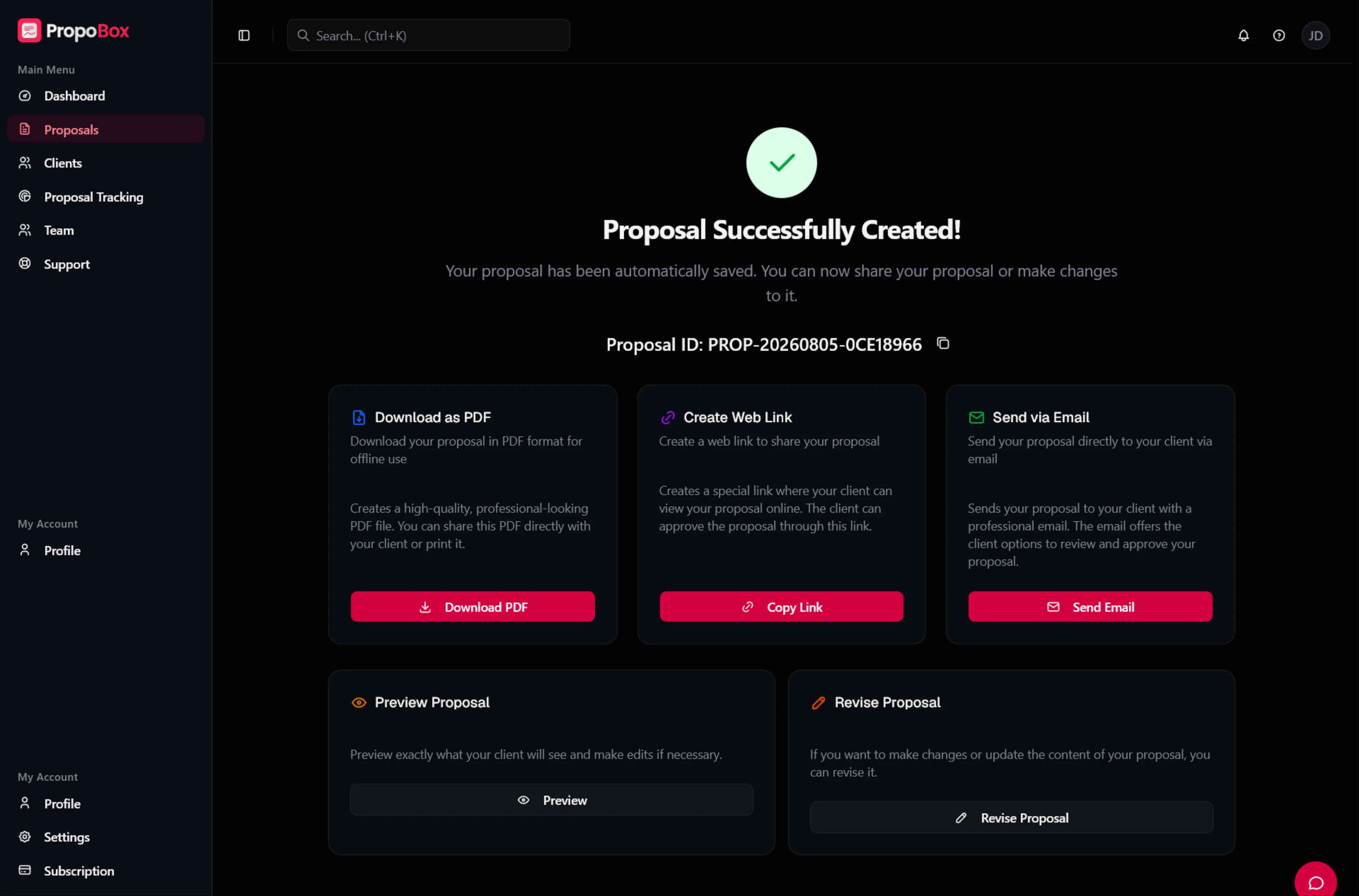 The proposal success screen offering three delivery paths: download as PDF, create a web link, or send via email.