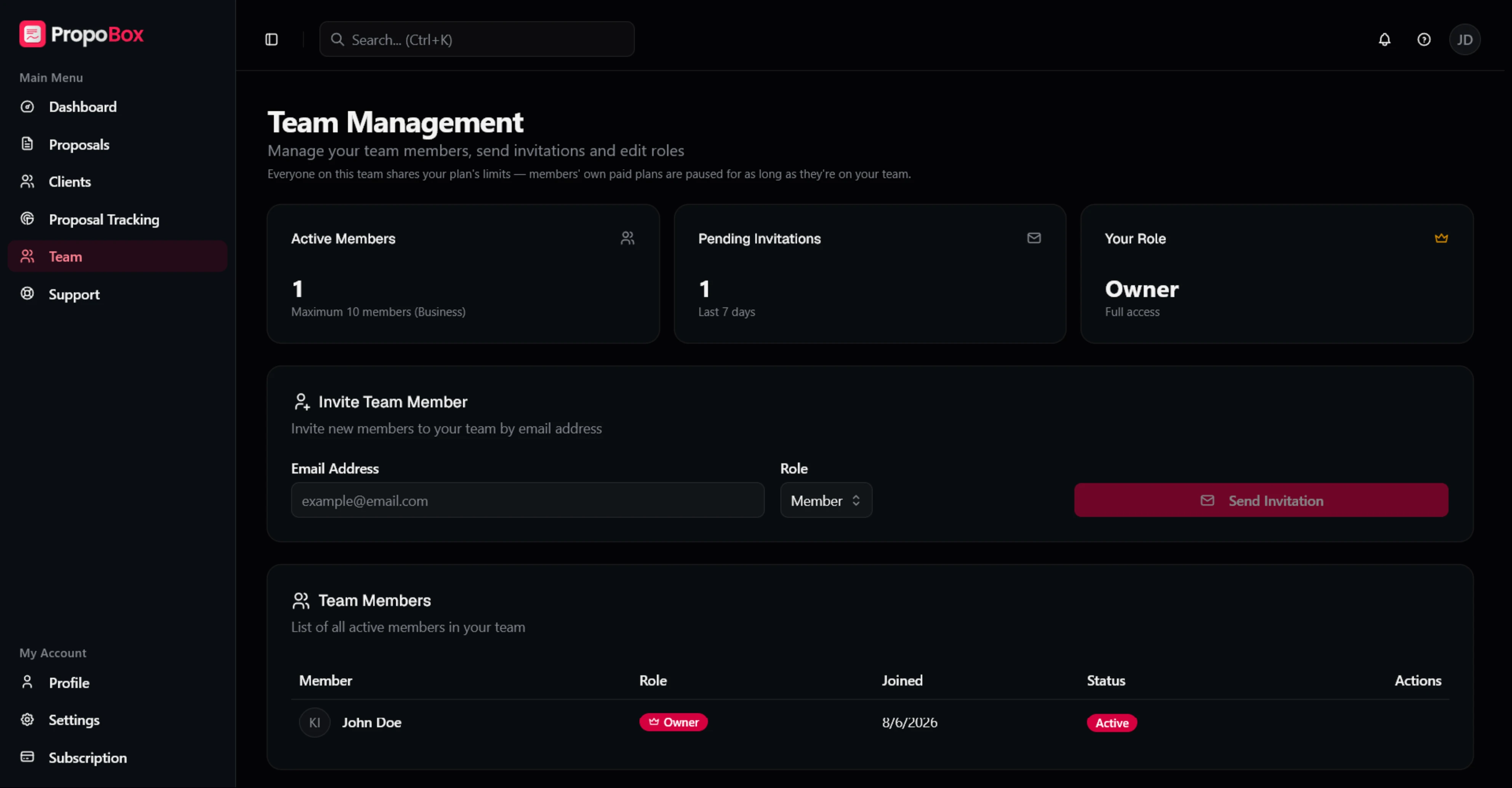 The Team Management screen showing active members, pending invitations, roles, and an invite form.